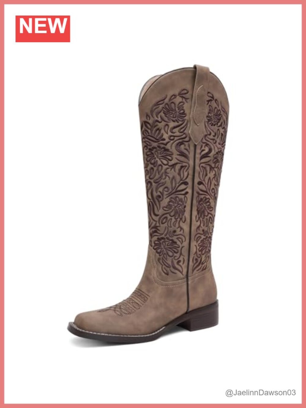 Embroidered Cowgirl Knee High Western Boots Square Toe Low Block Heel Pull On